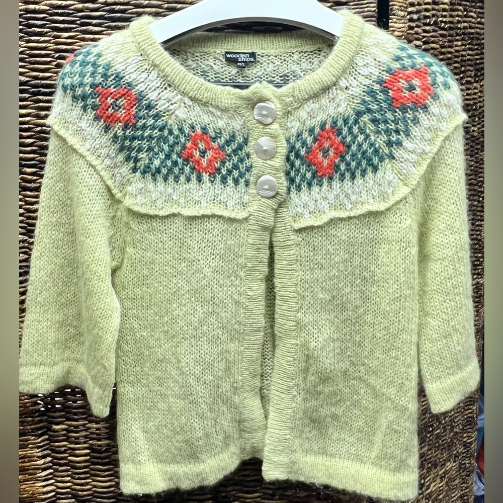 Wooden Ships- Light Green/Yellow Cardigan with Green and Red Pattern- M/L
